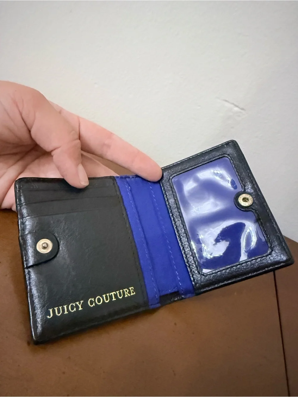 Y2K Juicy Couture Black Leather Gold Studded Logo Charm Bifold Wallet Edgy Punk